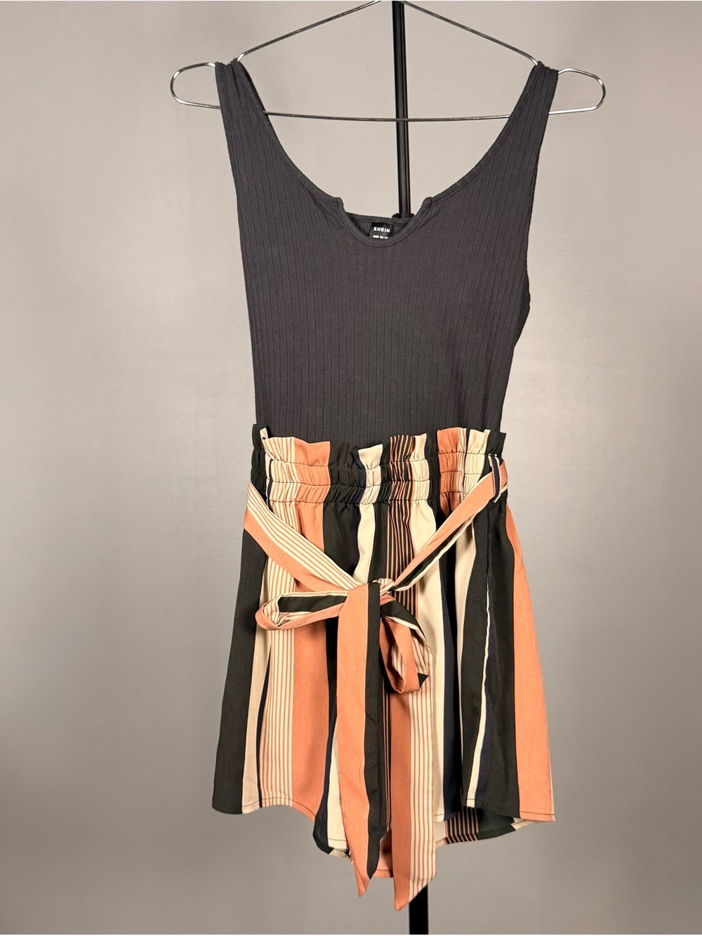 Black Ribbed Sleeveless Paperbag Waist Belted Striped Shorts Romper Women’s M